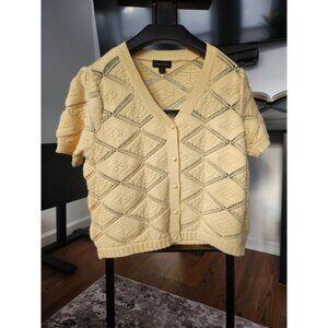 Amore Rose Women Yellow Diamond Pointelle Knit Short Sleeve Cardigan MSCP132 L